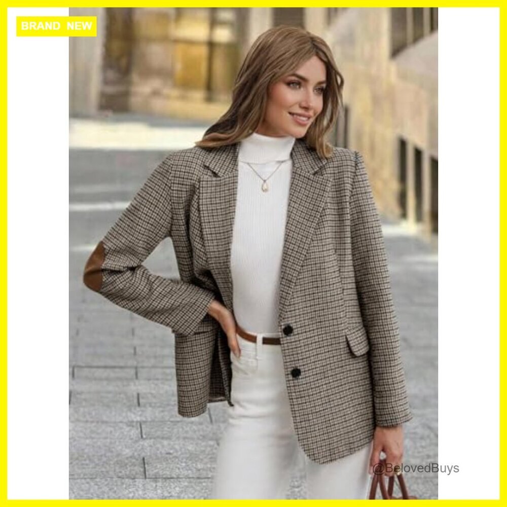 Tweed Blazer with Houndstooth Plaid Full Lining Pockets Business Casual - Picture 2 of 7